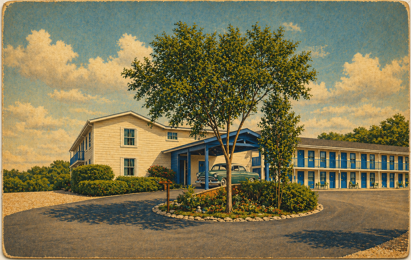 Vintage postcard illustration of No Wake Inn